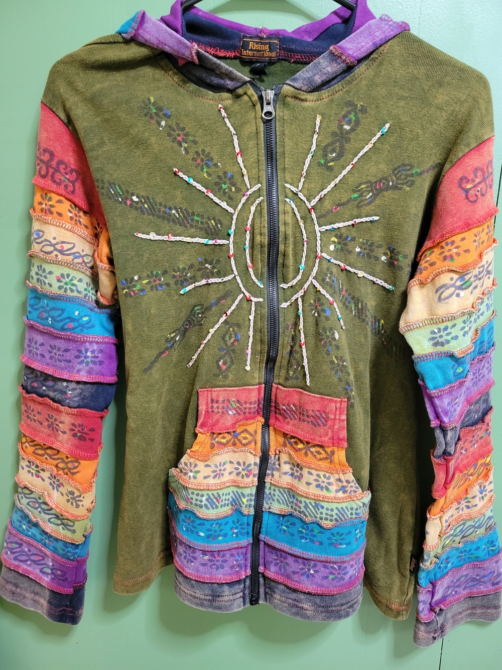 Vintage Y2k Rising International Olive Green Distressed Patchwork Hoodie Jacket